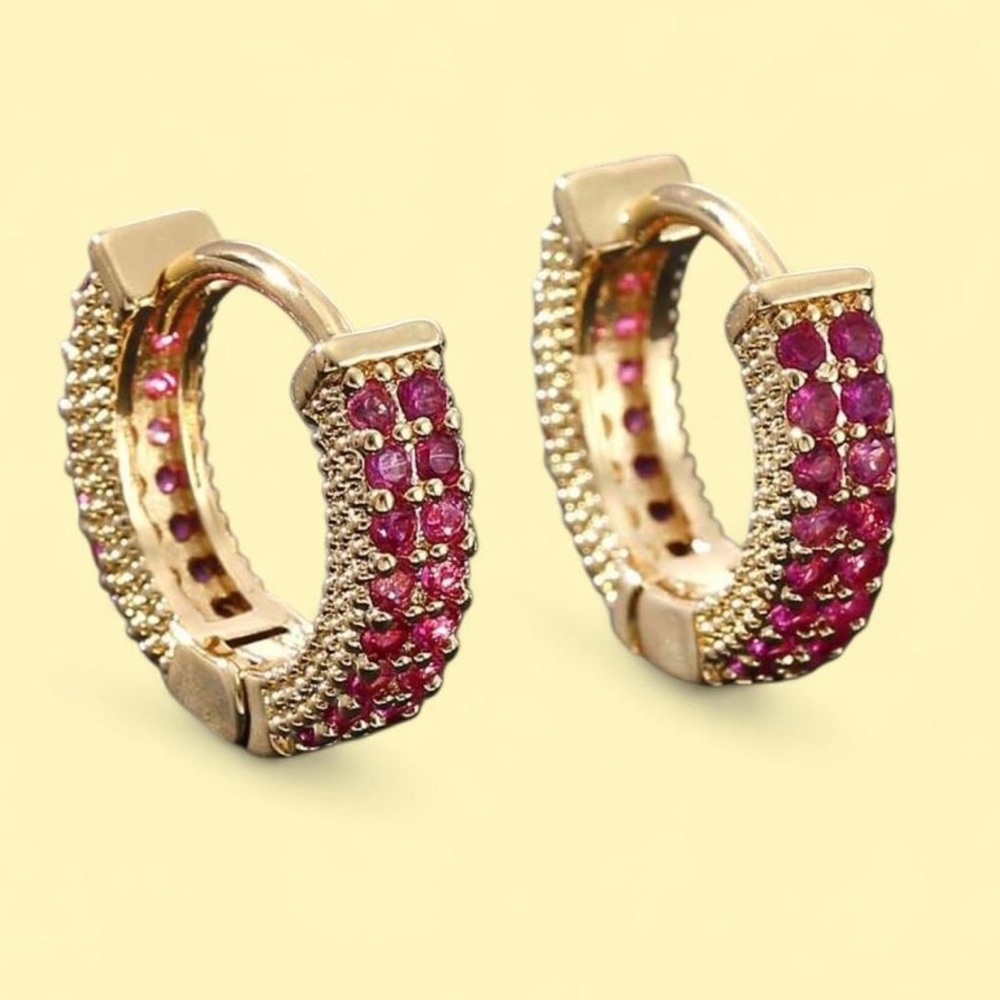 Gold Hoop Earrings with Pink Gem Accents